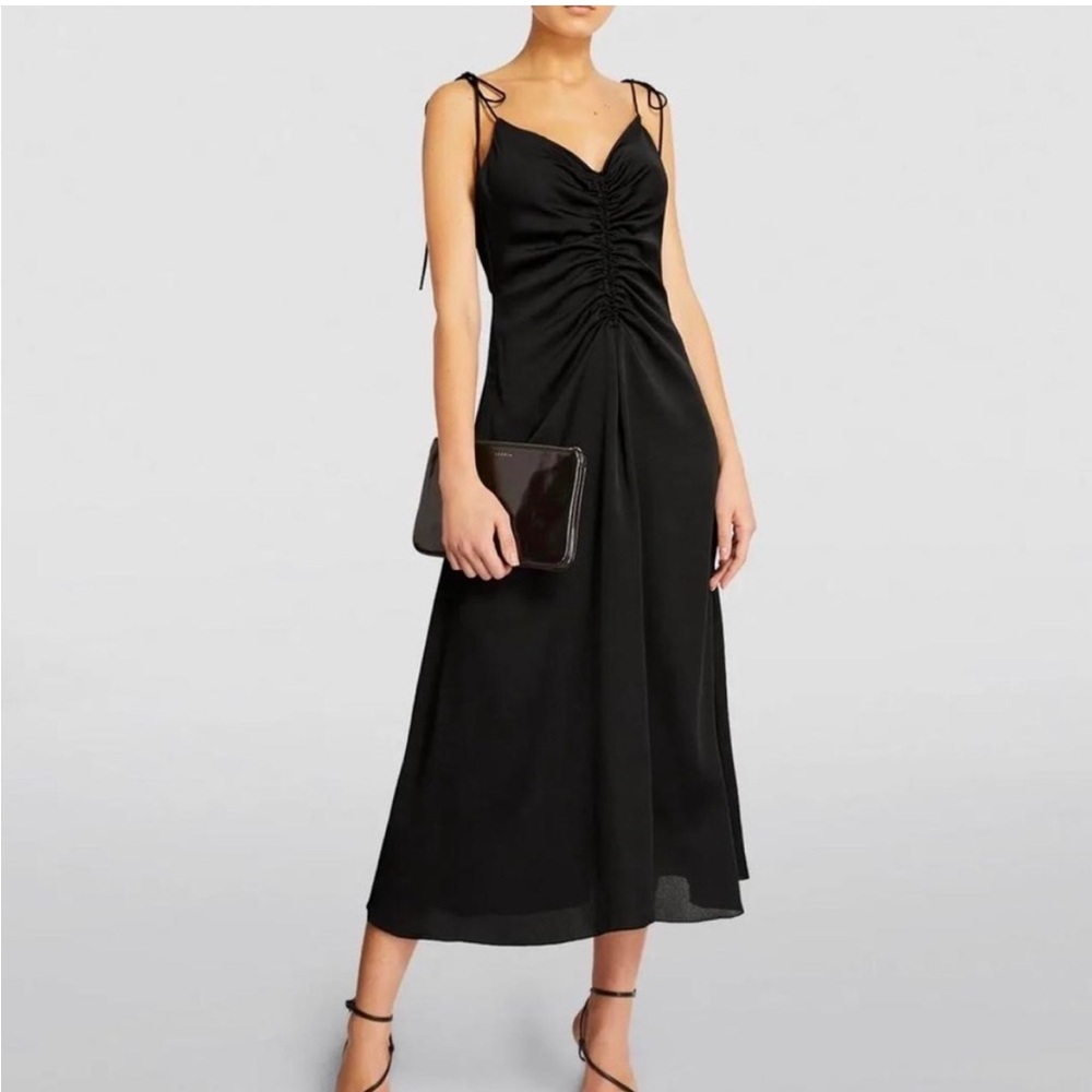 NWT Jason Wu Black Satin Ruched Spaghetti Tie Strap Midi Dress